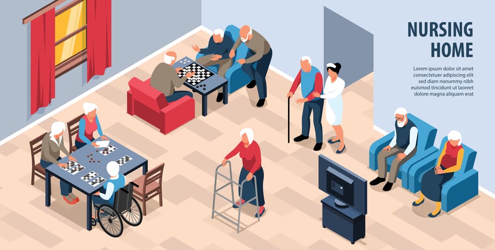 An isometric nursing home horizontal background depicts an indoor scene within a seniors' complex room, bustling with activity and warmth. 