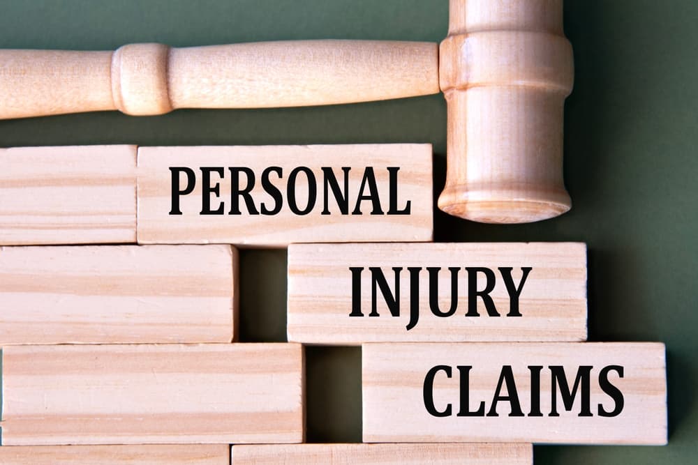Personal injury claims" written on wooden blocks with a judge's gavel nearby on a white background.